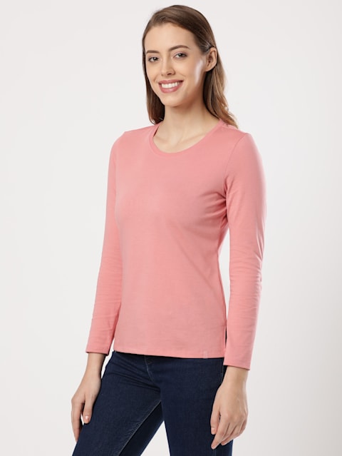 Women's Super Combed Cotton Rich Relaxed Fit Solid Round Neck Full Sleeve T-Shirt - Brandied Apricot