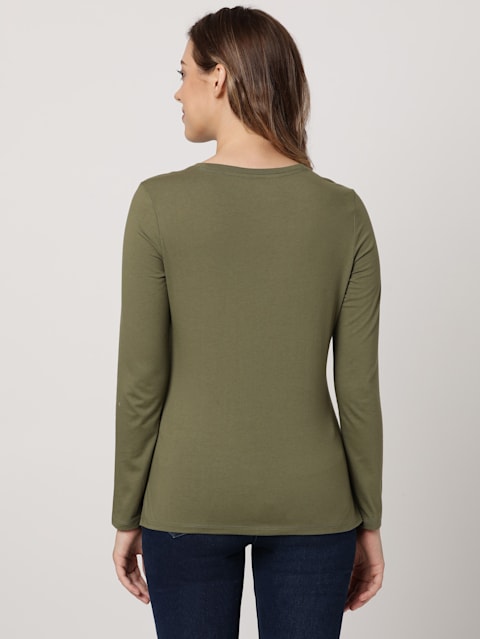 Women's Super Combed Cotton Rich Relaxed Fit Solid Round Neck Full Sleeve T-Shirt - Burnt Olive