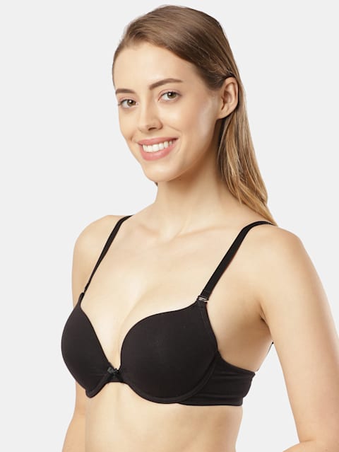Women's Wired Padded Super Combed Cotton Elastane Strech Medium Coverage Plunge Neck Pushup Bra with Multiway Styling - Black