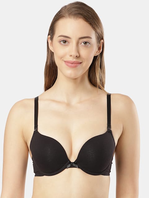 Women's Wired Padded Super Combed Cotton Elastane Strech Medium Coverage Plunge Neck Pushup Bra with Multiway Styling - Black