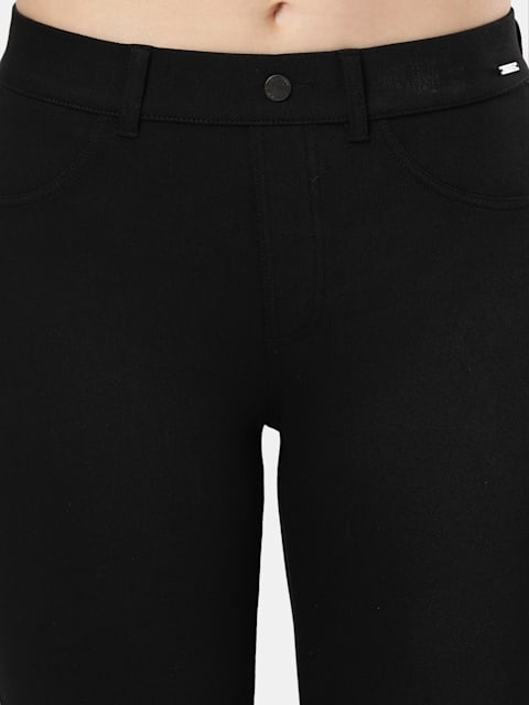 Women's Super Combed Cotton Rich Elastane Stretch Slim Fit Jeggings With Pockets - Black