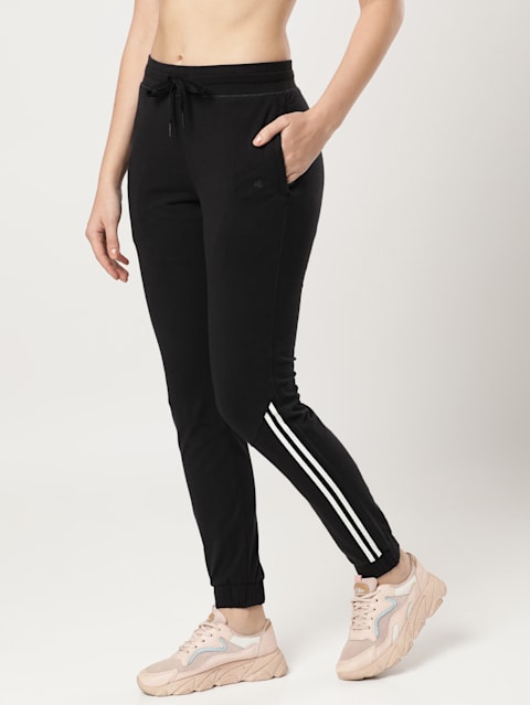 Women's Super Combed Cotton Elastane Stretch Slim Fit Joggers with Side Pockets - Black