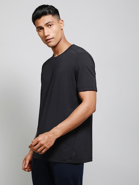 Men's Recycled Microfiber Elastane Stretch Fabric Round Neck Half Sleeve T-Shirt with Stay Fresh and Stay Dry Treatment - Black