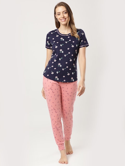 Women's Super Combed Cotton Relaxed Fit Cuffed Hem Styled Printed Pyjama With Side Pockets - Brandied Apricot