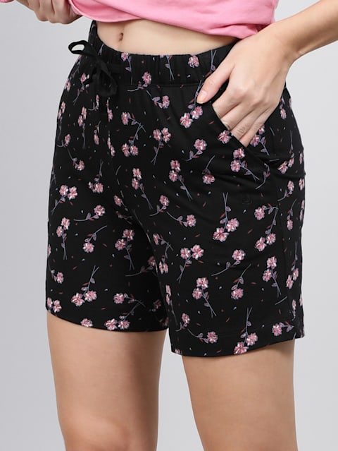 Women's Super Combed Cotton Relaxed Fit Printed Shorts with Convenient Side Pockets - Black