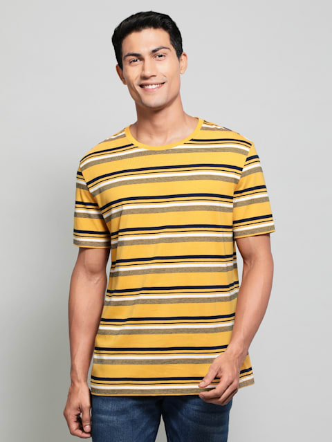 Men's Super Combed Cotton Rich Striped Round Neck Half Sleeve T-Shirt - Burnt Gold - Navy - White
