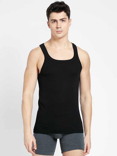 Men's Super Combed Cotton Rib Square Neckline Gym Vest - Black