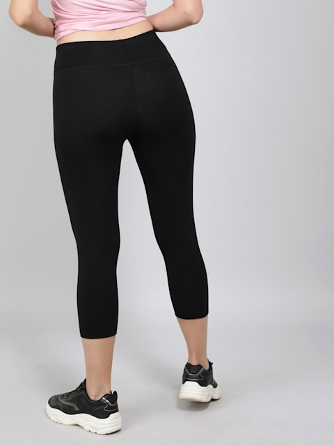 Women's Super Combed Cotton Elastane Stretch Slim Fit Capri with Ultrasoft Waistband - Black