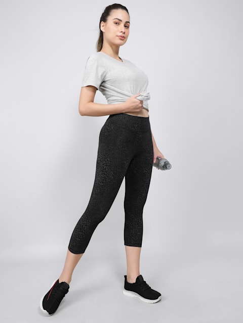 Women's Super Combed Cotton Elastane Stretch Slim Fit Capri with Ultrasoft Waistband - Black Print