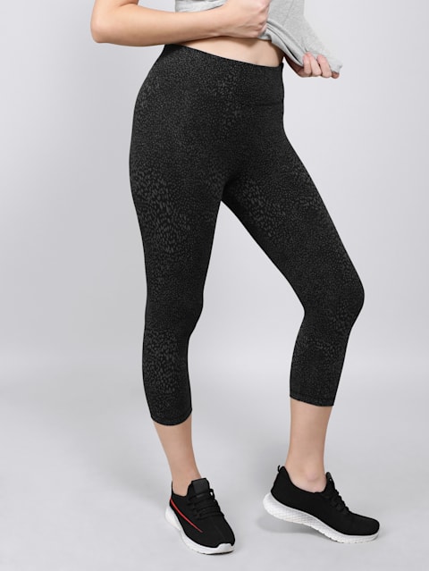 Women's Super Combed Cotton Elastane Stretch Slim Fit Capri with Ultrasoft Waistband - Black Print