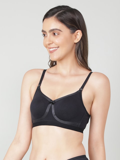 Women's Wirefree Non Padded Super Combed Cotton Elastane Stretch Full Coverage Everyday Bra with Broad Wings and Double Layered Cup - Black