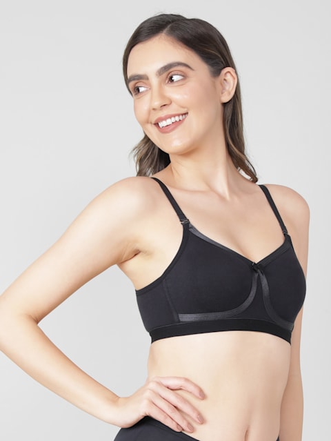 Women's Wirefree Non Padded Super Combed Cotton Elastane Stretch Full Coverage Everyday Bra with Broad Wings and Double Layered Cup - Black