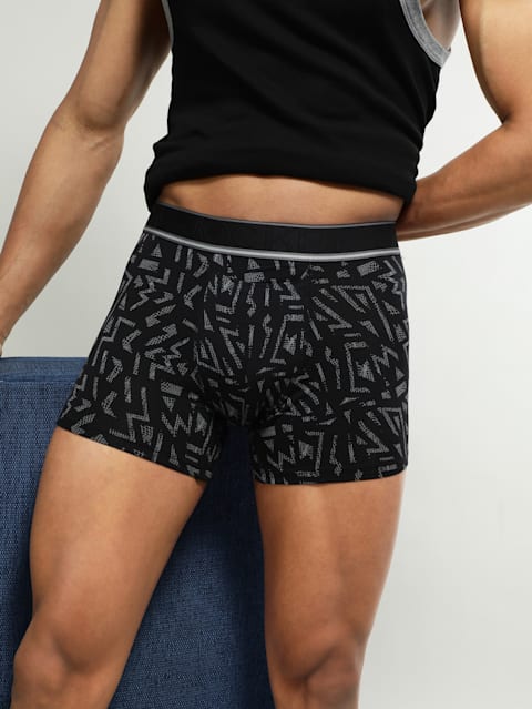 Men's Tencel Micro Modal Elastane Stretch Printed Boxer Brief with Natural Stay Fresh Properties - Black Printed