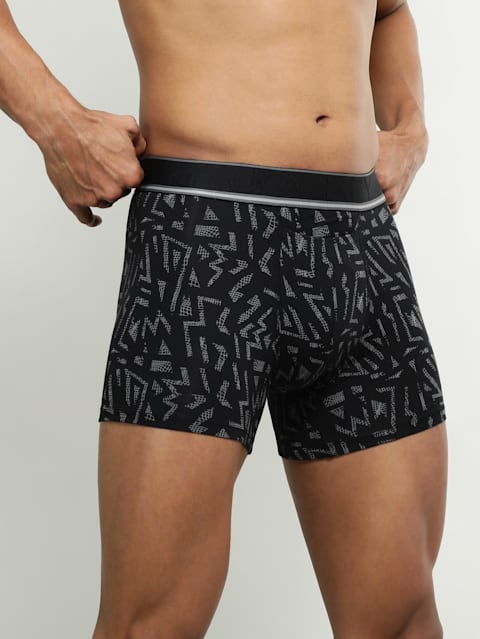 Men's Tencel Micro Modal Elastane Stretch Printed Boxer Brief with Natural Stay Fresh Properties - Black Printed