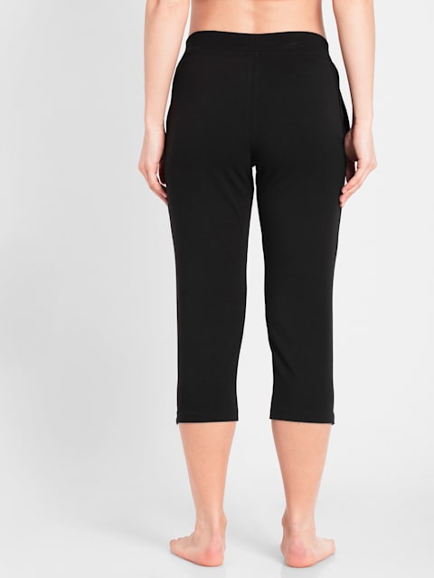 Women's Super Combed Cotton Elastane Stretch Slim Fit Capri with Side Pockets - Black