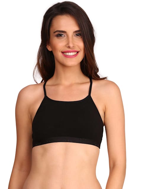 Women's Super Combed Cotton Elastane Stretch Multiway Styled Crop Top With Adjustable Straps and Stay Fresh Treatment - Black
