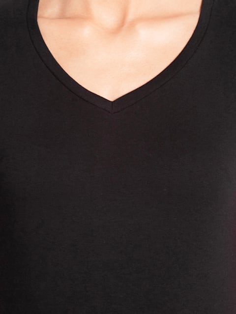 Women's Super Combed Cotton Elastane Stretch Regular Fit Solid V Neck Half Sleeve T-Shirt - Black