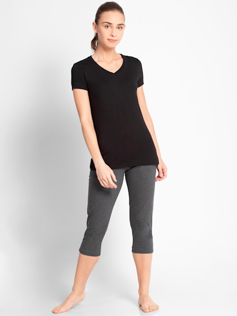 Women's Super Combed Cotton Elastane Stretch Regular Fit Solid V Neck Half Sleeve T-Shirt - Black
