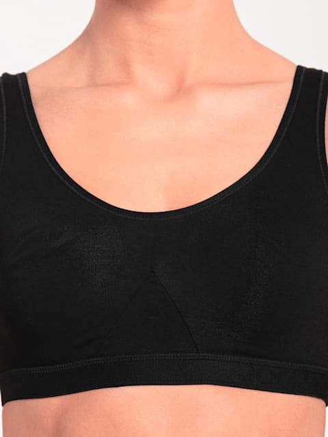 Women's Wirefree Non Padded Super Combed Cotton Elastane Stretch Full Coverage Slip-On Active Bra with Wider Straps and Moisture Move Treatment - Black