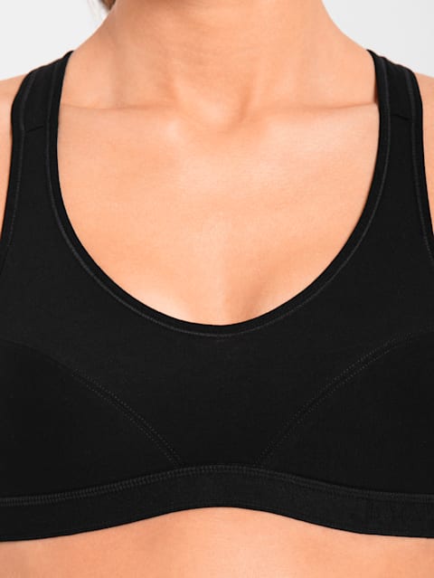 Women's Wirefree Padded Super Combed Cotton Elastane Stretch Full Coverage Racer Back Active Bra with Stay Fresh and Moisture Move Treatment - Black