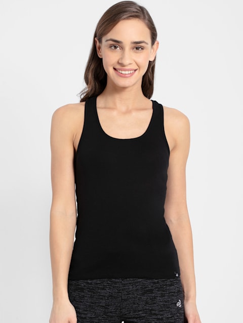 Women's Super Combed Cotton Rib Fabric Slim Fit Solid Racerback Styled Tank Top - Black