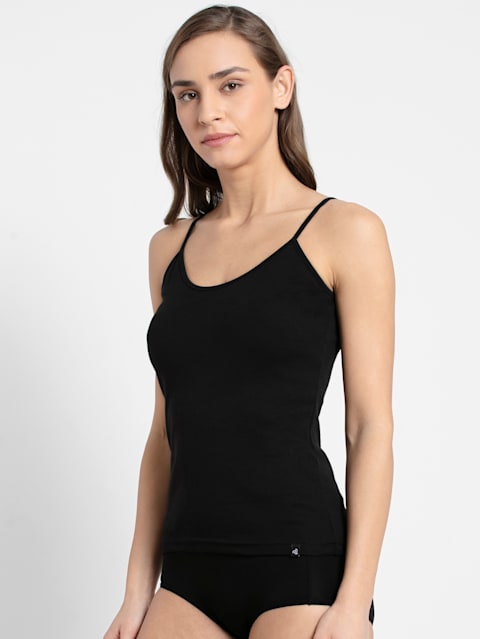 Women's Super Combed Cotton Rib Camisole with Adjustable Straps and StayFresh Treatment - Black