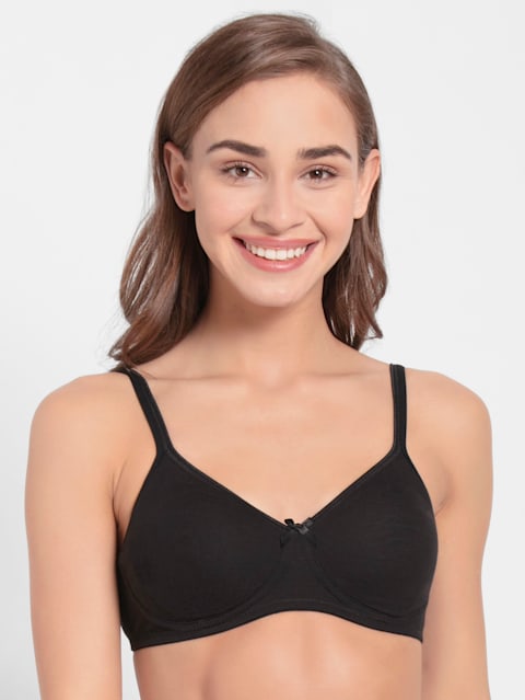 Women's Wirefree Non Padded Super Combed Cotton Elastane Stretch Medium Coverage Everyday Bra with Concealed Shaper Panel and Adjustable Straps - Black