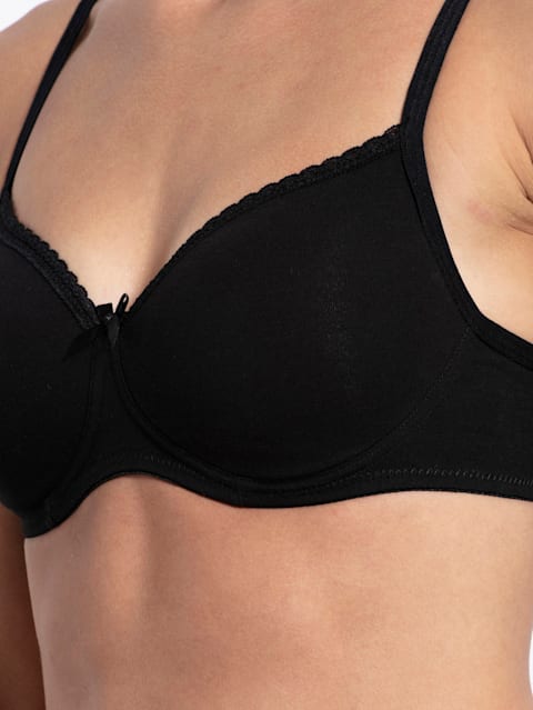 Women's Wirefree Padded Super Combed Cotton Elastane Stretch Medium Coverage Lace Styling T-Shirt Bra with Adjustable Straps - Black