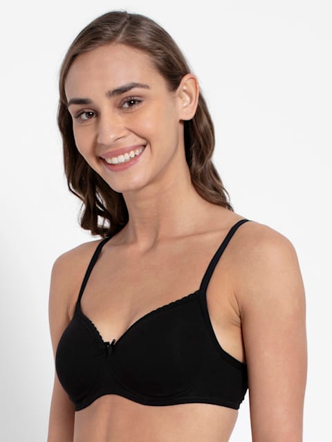 Women's Wirefree Padded Super Combed Cotton Elastane Stretch Medium Coverage Lace Styling T-Shirt Bra with Adjustable Straps - Black