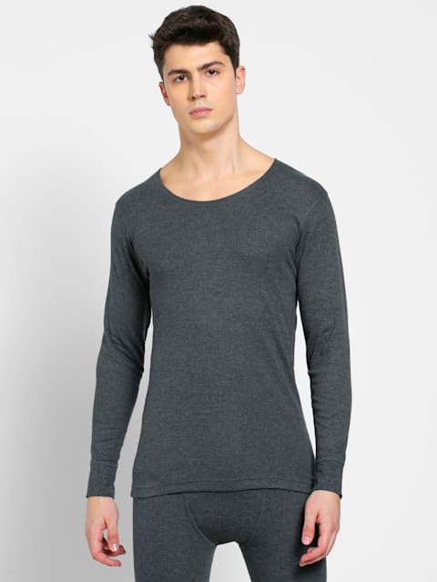 Men's Super Combed Cotton Rich Full Sleeve Thermal Undershirt with Stay Warm Technology - Charcoal Melange