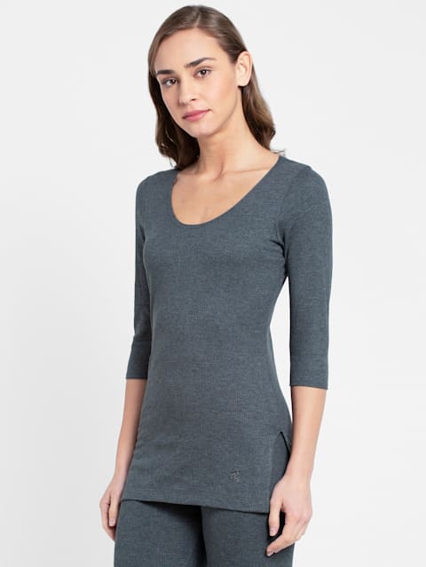 Women's Super Combed Cotton Rich Three Quarter Sleeve Thermal Top with Stay Warm Technology - Charcoal Melange