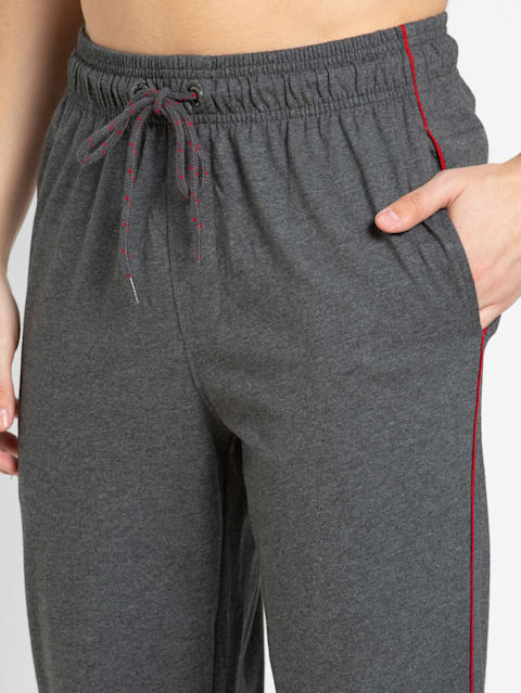 Men's Super Combed Cotton Rich Regular Fit Trackpants with Side Pockets - Charcoal Melange & Shanghai Red