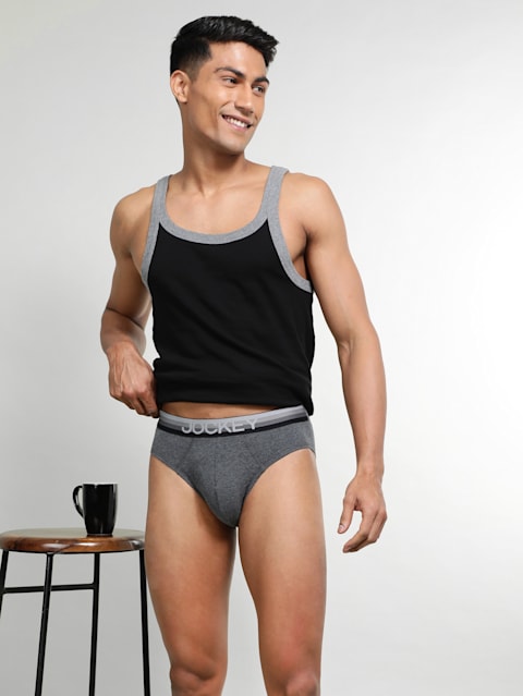 Men's Super Combed Cotton Elastane Stretch Solid Brief with Ultrasoft Waistband - Charcoal Melange