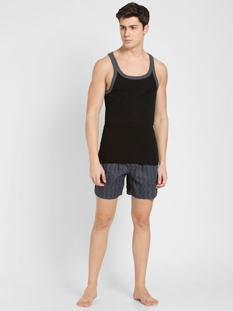 Men's Super Combed Cotton Rib Square Neckline Gym Vest - Black & Charcoal Melange