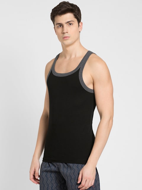 Men's Super Combed Cotton Rib Square Neckline Gym Vest - Black & Charcoal Melange