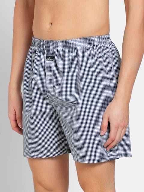Men's Super Combed Mercerized Cotton Woven Checkered Boxer Shorts with Back Pocket - Assorted Checks