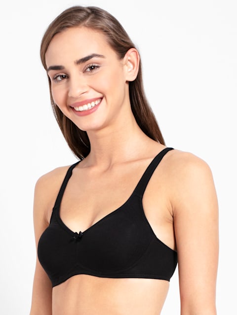Women's Wirefree Non Padded Super Combed Cotton Elastane Stretch Full Coverage Everyday Bra with Contoured Shaper Panel and Adjustable Straps - Black