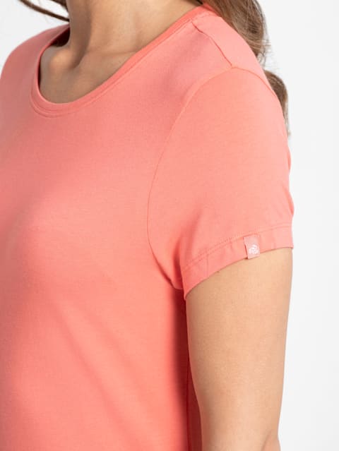 Women's Super Combed Cotton Elastane Stretch Regular Fit Solid Round Neck Half Sleeve T-Shirt - Blush Pink