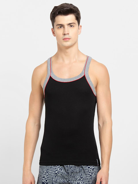 Men's Super Combed Cotton Rib Square Neckline Gym Vest with Back Panel Graphic Print - Black & Grey Melange