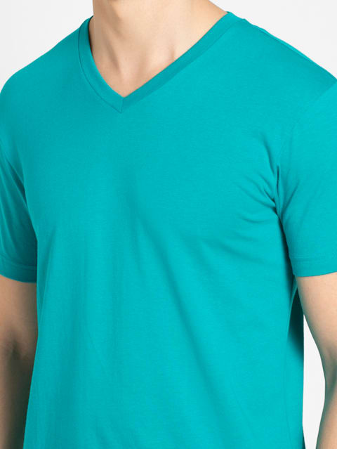 Men's Super Combed Cotton Rich Solid V Neck Half Sleeve T-Shirt - Deep Atlantis