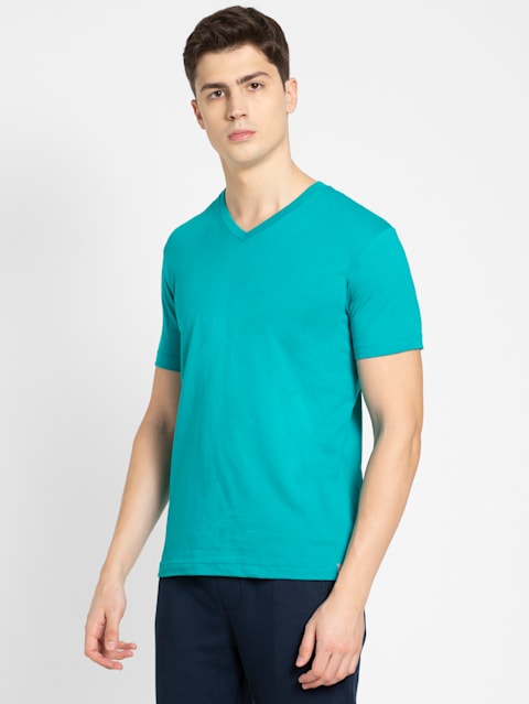 Men's Super Combed Cotton Rich Solid V Neck Half Sleeve T-Shirt - Deep Atlantis