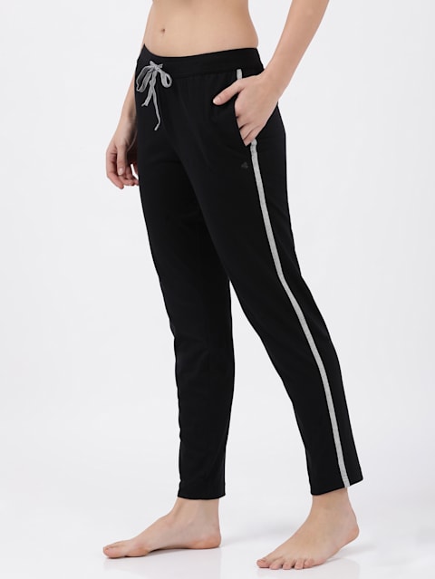 Women's Super Combed Cotton Rich Relaxed Fit Trackpants With Contrast Side Piping and Pockets - Black