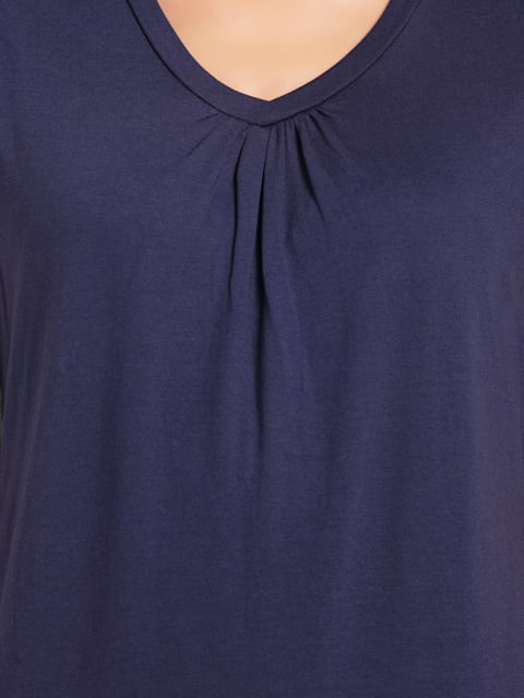 Women's Micro Modal Cotton Relaxed Fit Solid V Neck Half Sleeve T-Shirt with Lace Trim On Sleeves - Classic Navy