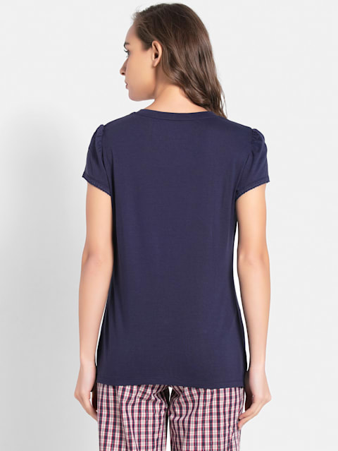 Women's Micro Modal Cotton Relaxed Fit Solid V Neck Half Sleeve T-Shirt with Lace Trim On Sleeves - Classic Navy