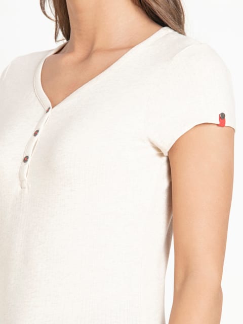 Women's Super Combed Cotton Elastane Stretch Slim Fit Solid V Neck Henley Styled Half Sleeve T-Shirt - Cream Melange