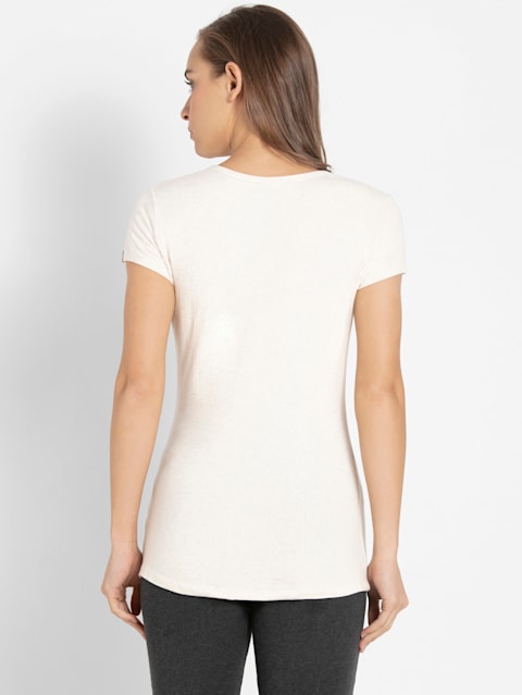 Women's Super Combed Cotton Elastane Stretch Slim Fit Solid V Neck Henley Styled Half Sleeve T-Shirt - Cream Melange