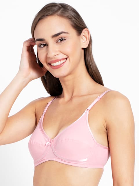 Women's Wirefree Non Padded Super Combed Cotton Elastane Stretch Medium Coverage Cross Over Everyday Bra with Adjustable Straps - Candy Pink