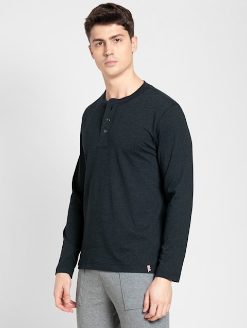 Men's Super Combed Cotton Rich Solid Full Sleeve Henley T-Shirt - Black Melange
