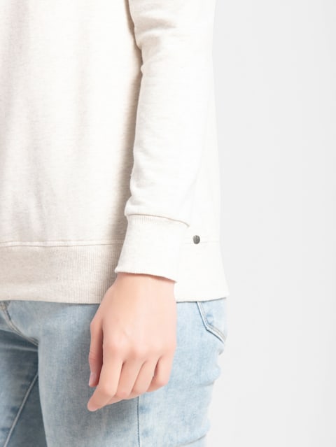 Women's Super Combed Cotton Elastane Stretch Melange Sweatshirt with Round Neck Half Zip - Cream Melange
