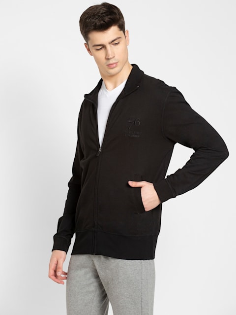 Men's Super Combed Cotton French Terry Jacket with Ribbed Cuffs and Convenient Side Pockets - Black